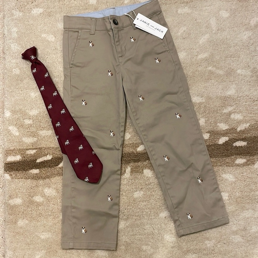 Janie & Jack embroidered bulldog twill pants & tie